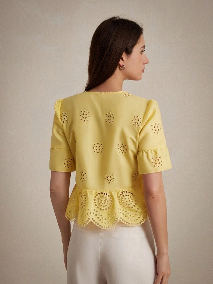 CM-TS061633 Women Casual Seoul Style Hollow Embroidery Turn-Down Collar Shirt - Yellow