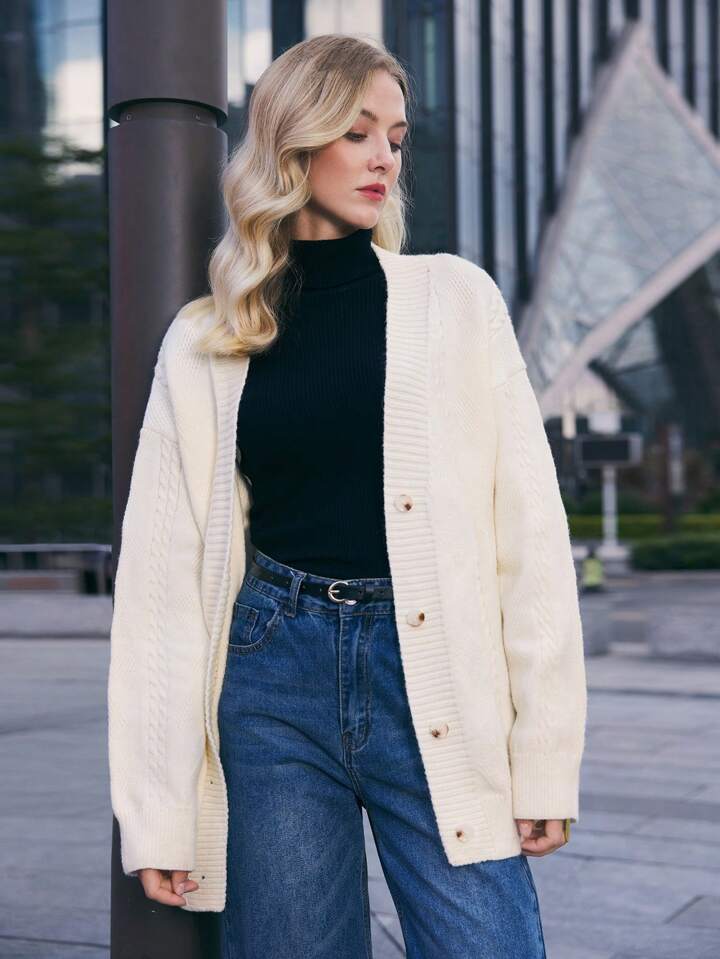 CM-CS539199 Women Casual Seoul Style V-Neck Drop Shoulder Long Sleeve Cardigan Sweater - Apricot