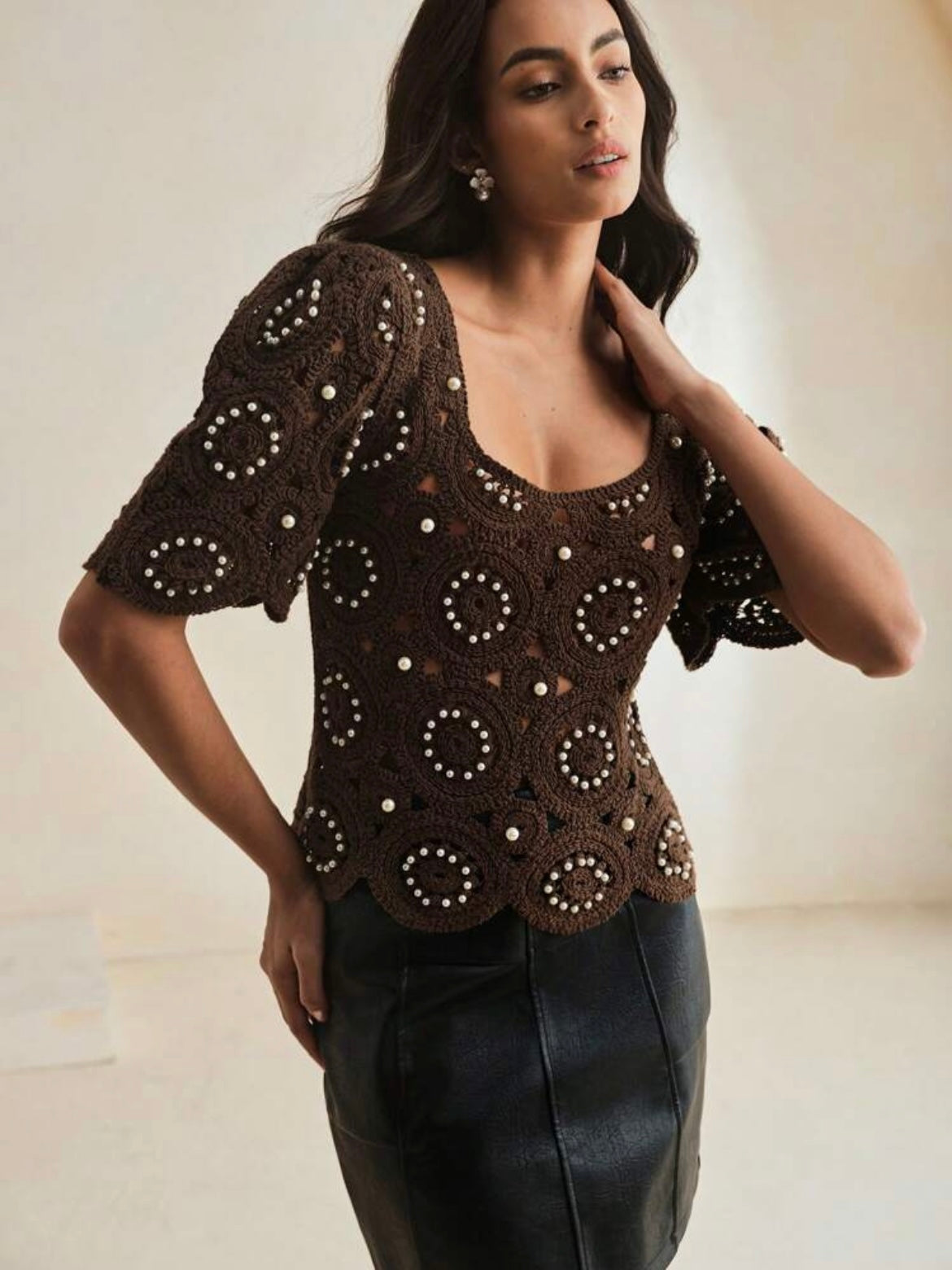 CM-TS750308 Women Casual Seoul Style Crochet Hollow-Out Balloon Sleeve Beaded T-Shirt - Coffee Brown