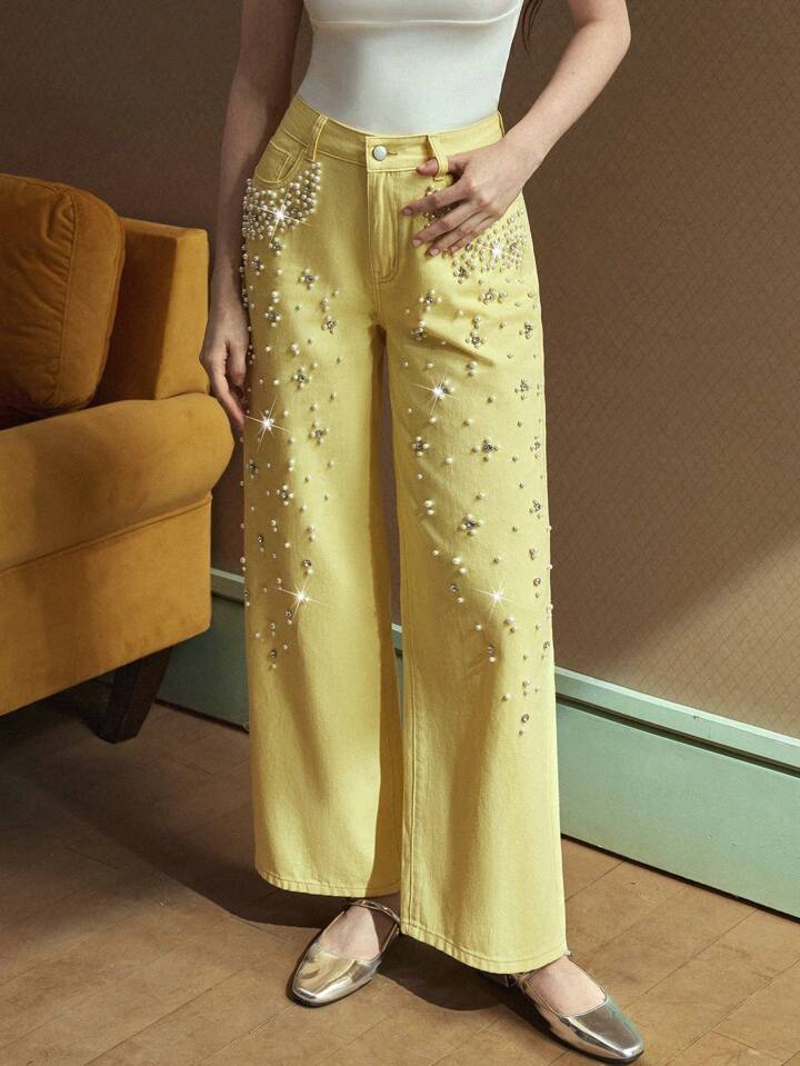 CM-BS414711 Women Casual Seoul Style Pearl Decor Pocket Wide Leg Loose Fit Jeans - Yellow