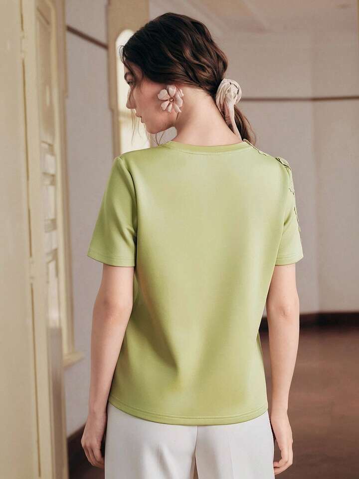CM-TS254790 Women Elegant Seoul Style Round Neck Short Sleeve Lace Patchwork 3D Embroidered Floral Knit T-Shirt - Green