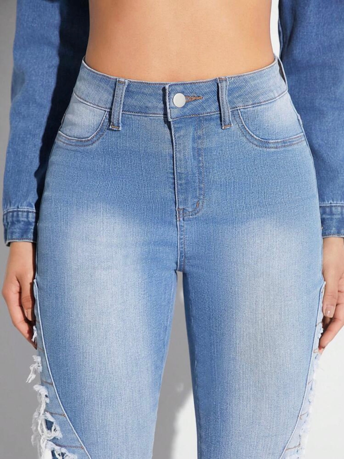 CM-BS802817 Women Casual Seoul Style Medium Wash Ripped Layered Panel Flare Leg Jeans