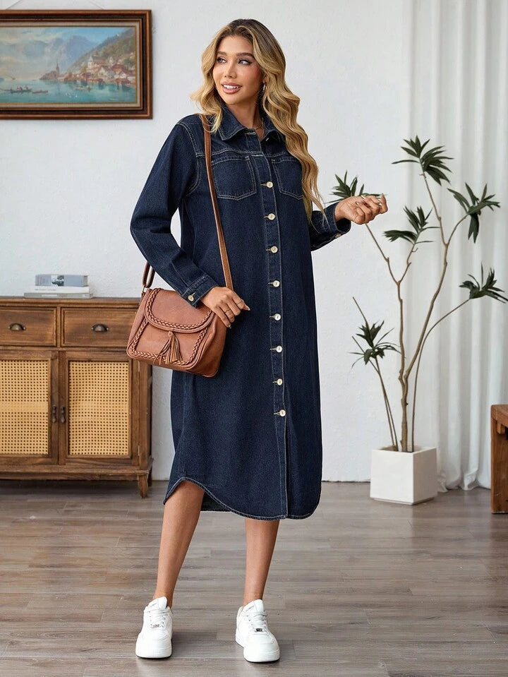 CM-DS739697 Women Elegant Seoul Style Solid Dark Wash Color Collar Neckline Long Sleeve Denim Dress