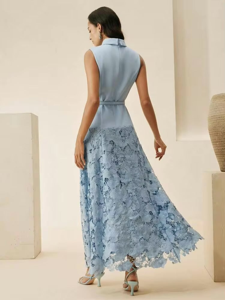 CM-DS725725 Women Elegant Seoul Style Stand Collar Sleeveless 3D Floral Design A-Line Long Dress - Blue