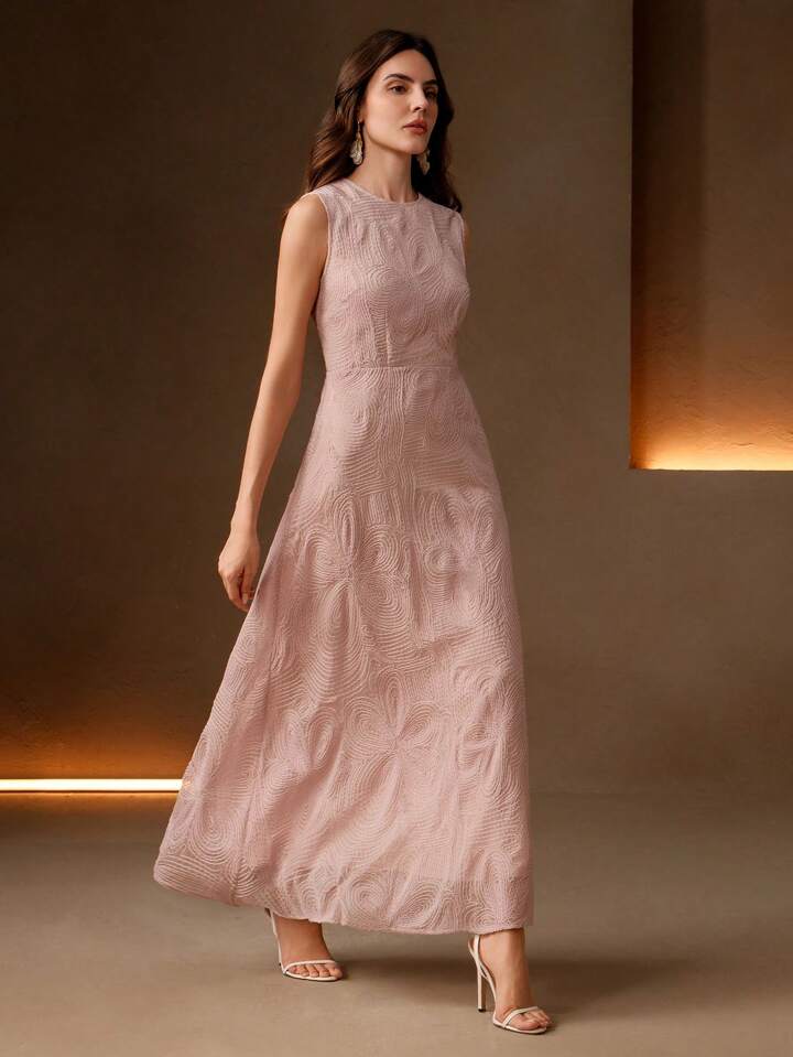 CM-DS571714 Women Elegant Seoul Style Embroidered Sleeveless Round Neck A-Line Dress - Pink