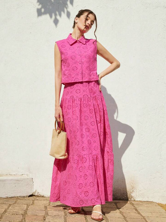 CM-SS049797 Women Casual Seoul Style Shirt Collar Sleeveless Loose Blouse With Ruched Maxi A-Line Skirt - Set