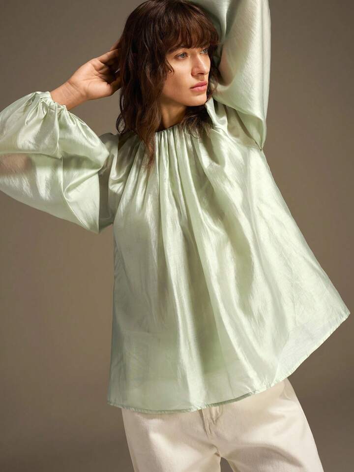 CM-TS744293 Women Casual Seoul Style Round Neck Long Sleeve Semi-Sheer Oversized Silk Shirt - Mint Green