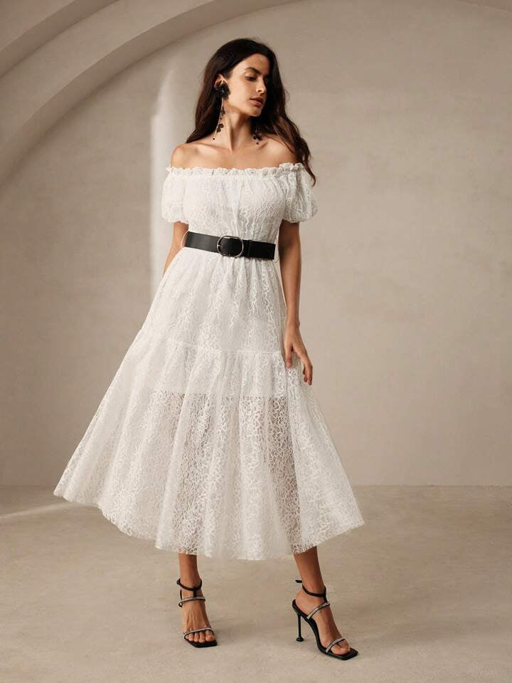 CM-DS047391 Women Elegant Seoul Style Lace Off the Shoulder Puff Sleeve Long Dress - White