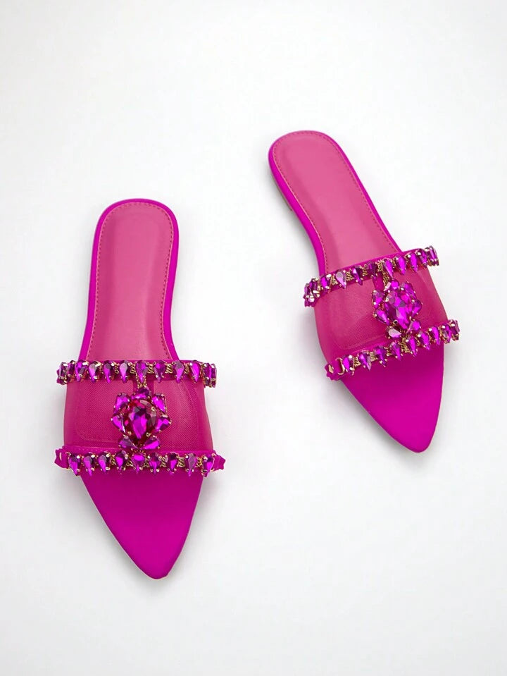 CM-SHS612871 Women Trendy Seoul Style Mesh 3D Floral Rhinestone Chain Flat Sandals - Hot Pink