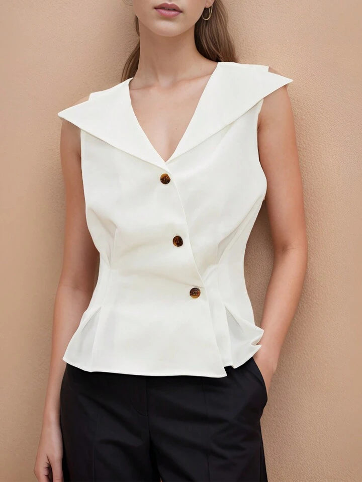 CM-TS527496 Women Eleagnt Seoul Style Front Button Sleeveless Ruffle Hem Shirt - White