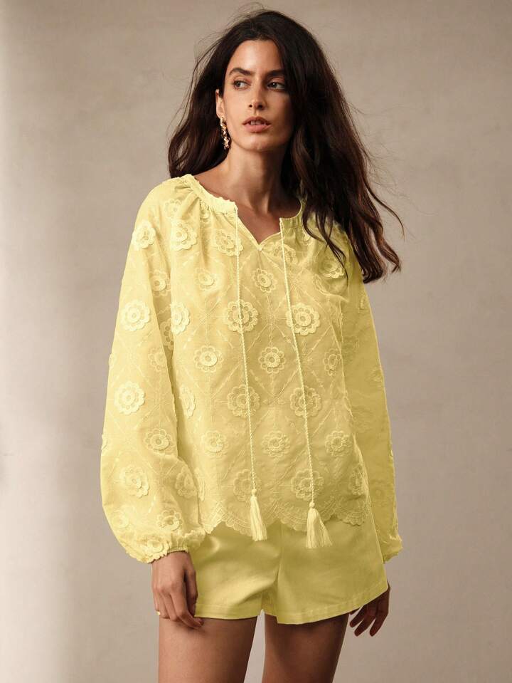 CM-TS767445 Women Trendy Bohemian Style V-Neck Tie Front Long Sleeve Floral Print Shirt - Yellow