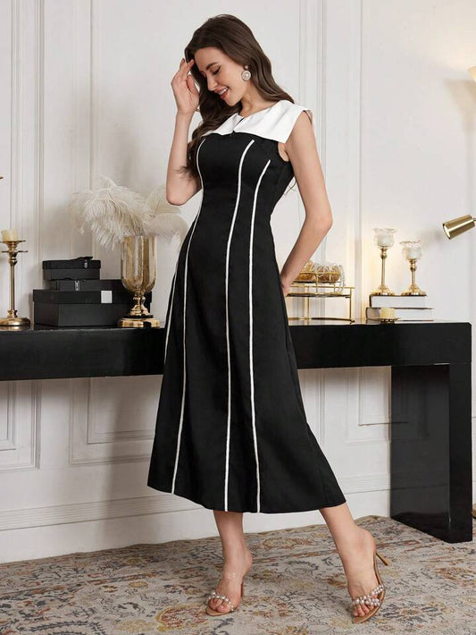 CM-DS160677 Women Elegant Seoul Style Notched Neckline Sleeveless Color Blocked A-Line Dress