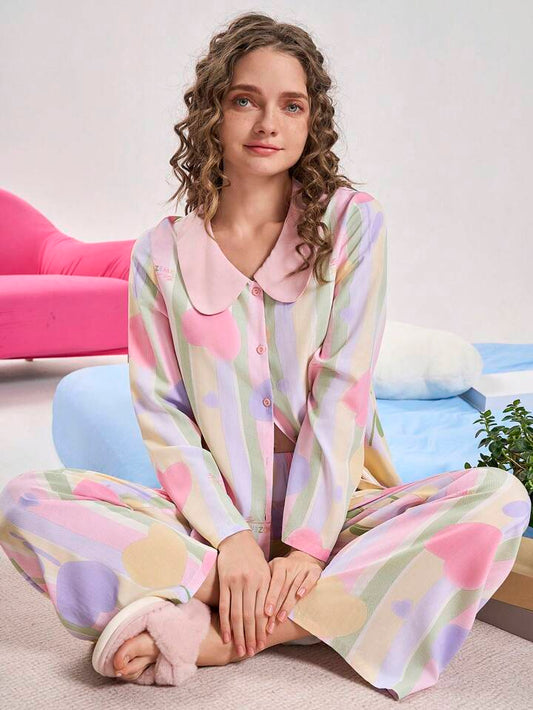 CM-LS781128 Women Trendy Seoul Style Striped Heart Print Long Sleeve Top With Pants Pajama Set