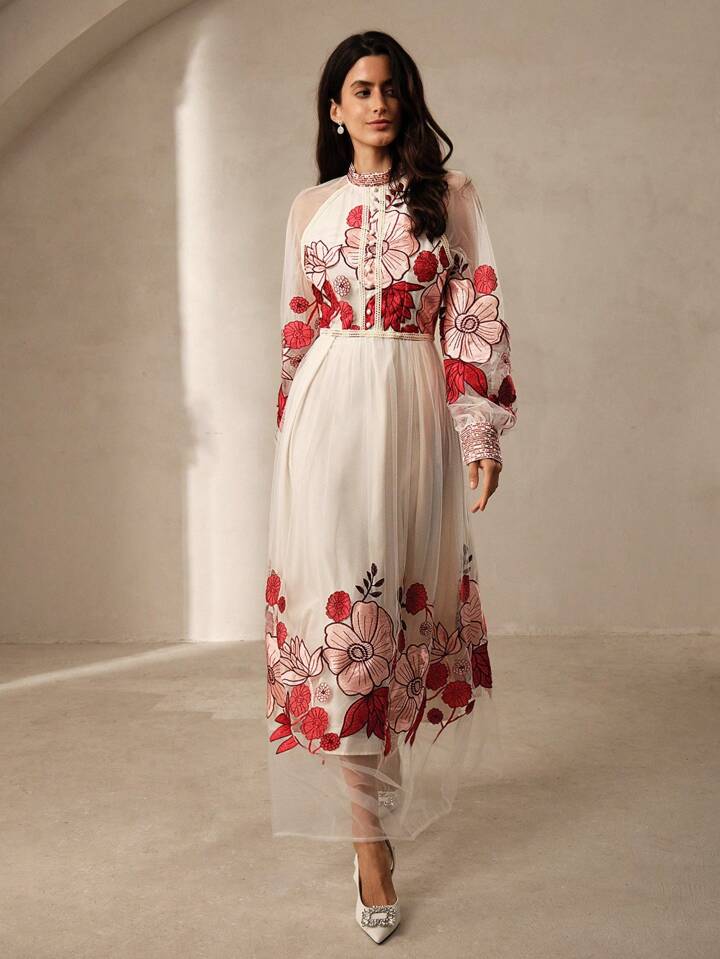 CM-DS065061 Women Trendy Bohemian Style Floral Embroidery Sequin Lace Border Maxi Dress