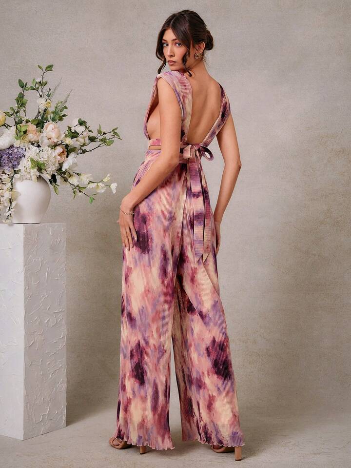 CM-JS130035 Women Trendy Bohemian Style All-Over Print Deep V-Neck Pleated Wide Leg Jumpsuit