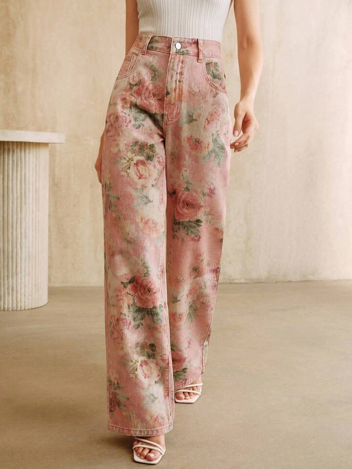 CM-BS799989 Women Casual Seoul Style Mid Waist Floral Printed Straight Leg Jeans - Pink