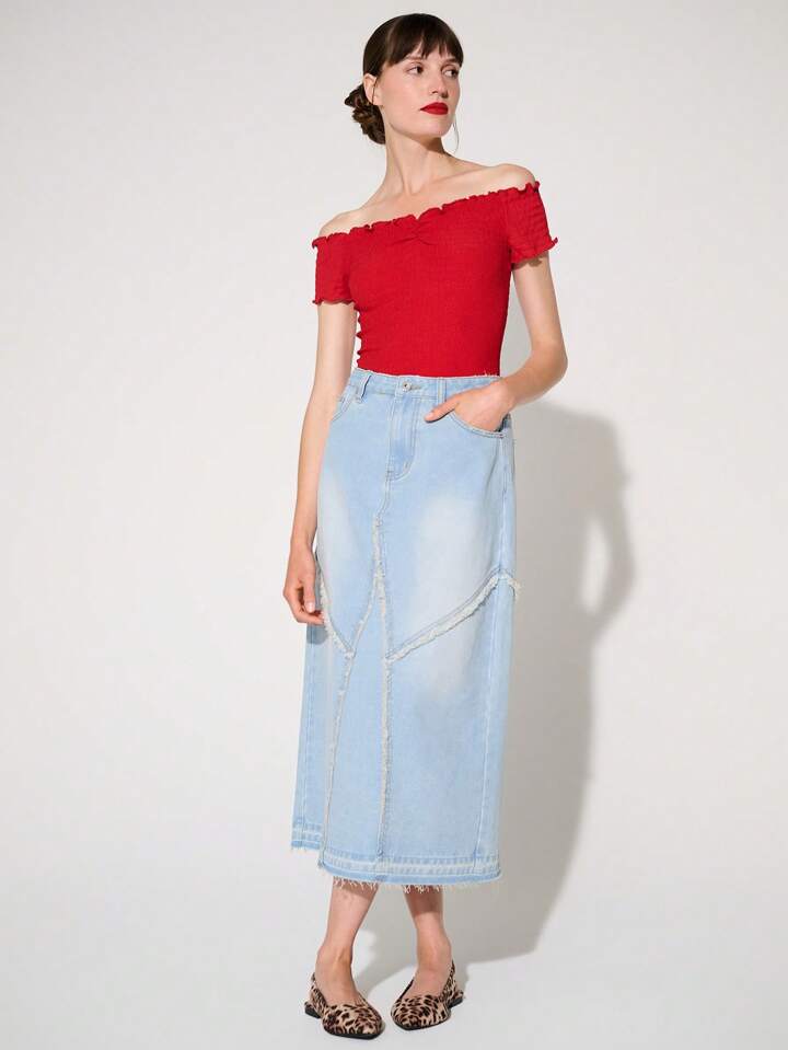 CM-BS781136 Women Casual Seoul Style Fray Seam Non-Stretch Summer Denim Midi Skirt - Blue