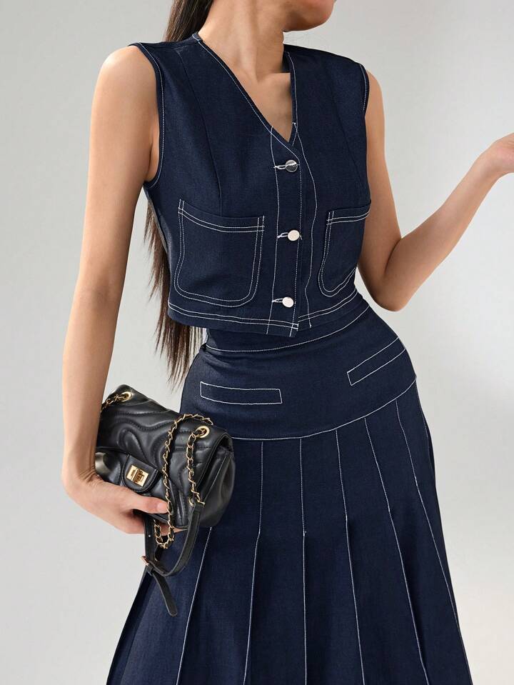 CM-SS998951 Women Elegant Seoul Style V-Neck Front Button Sleeveless Blouse With A-Line Skirt - Set