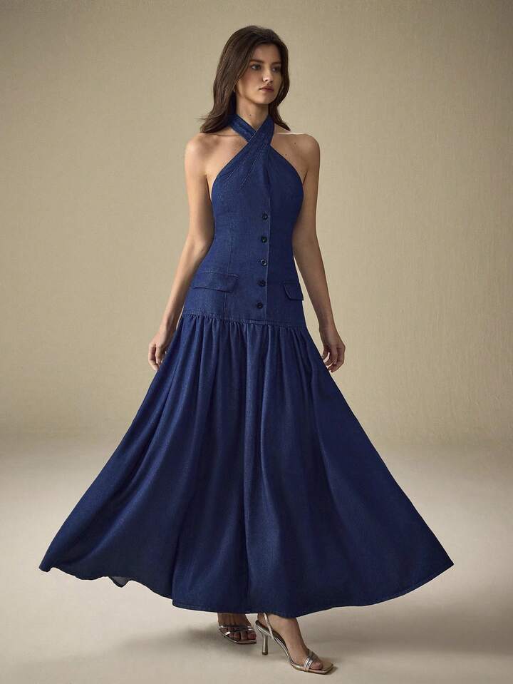 CM-DS379344 Women Elegant Seoul Style Halter Neckline Sleeveless Button Front Mid Waist Denim Dress - Blue