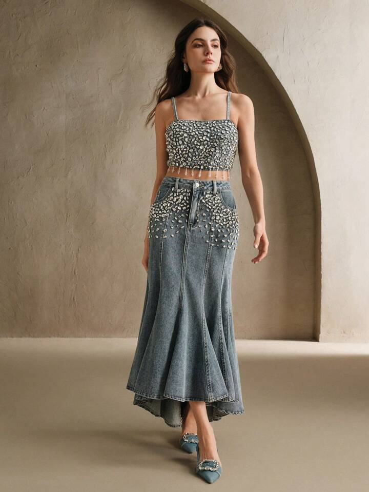 CM-BS801184 Women Elegant Seoul Style Light Wash Rhinestone Embellished Mermaid Denim Skirt