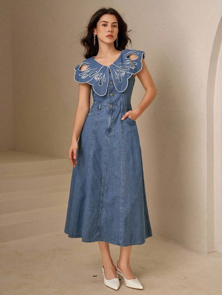CM-DS084902 Women Elegant Seoul Style Light Wash Hollow Out V-Neck Collar Flounce Sleeve Denim Dress
