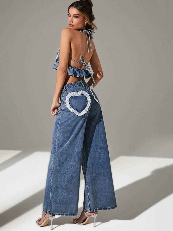 CM-BS454761 Women Casual Seoul Style Washed Heart Shape Ruffle Hem Wide Leg Jeans