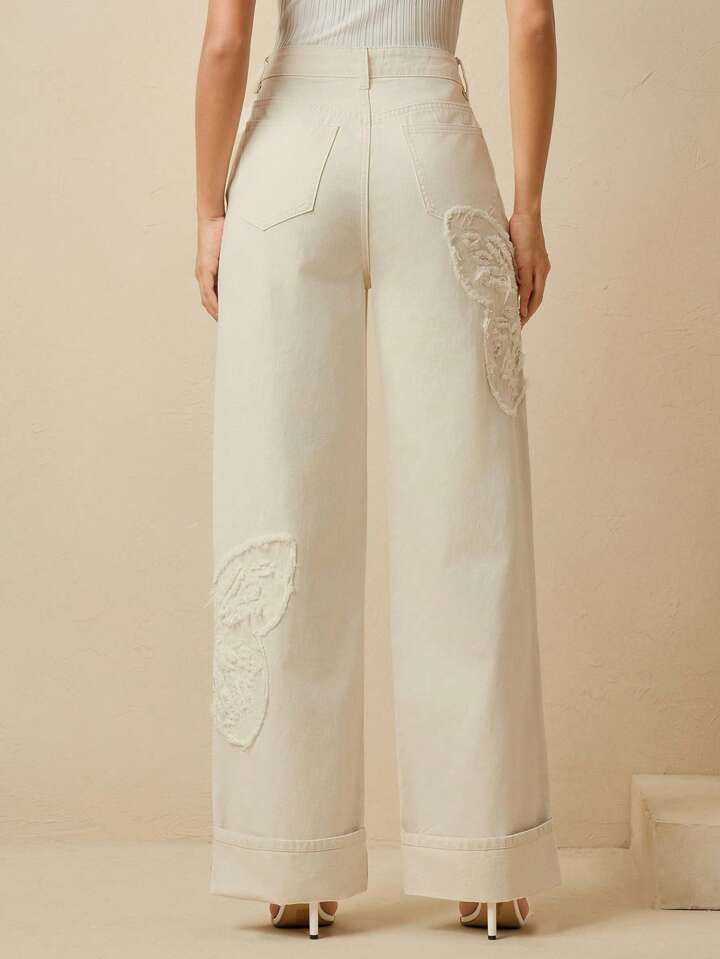 CM-BS822212 Women Casual Seoul Style Mid Waist Embroidered Straight Leg Jeans - Apricot
