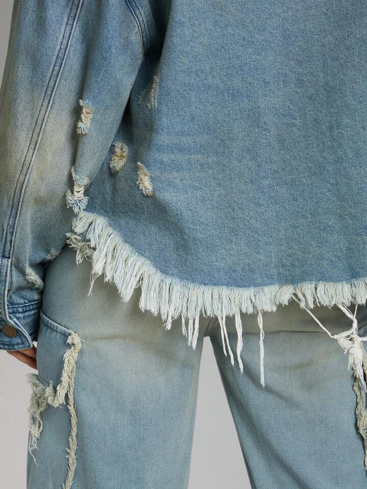 CM-CS982285 Women Casual Seoul Style Medium Wash Collar Neckline Long Sleeve Tinted Ripped Denim Jacket