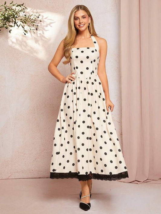 CM-DS428284 Women Casual Seoul Style Halter Neck Sleeveless Polka Dot High Waist A-Line Dress