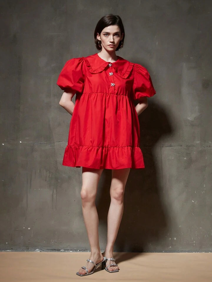 CM-DS665783 Women Elegant Seoul Style Peter Pan Collar Short Puff Sleeve Dress - Red
