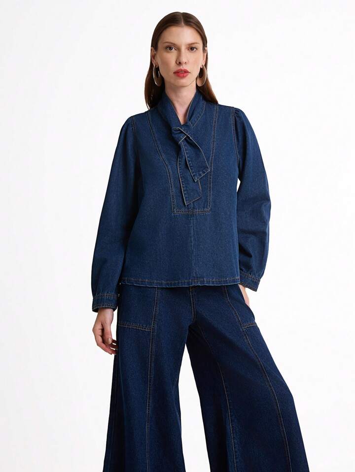 CM-TS357325 Women Casual Seoul Style Medium Wash Tie Front Long Sleeve Loose Denim Shirt Blouse