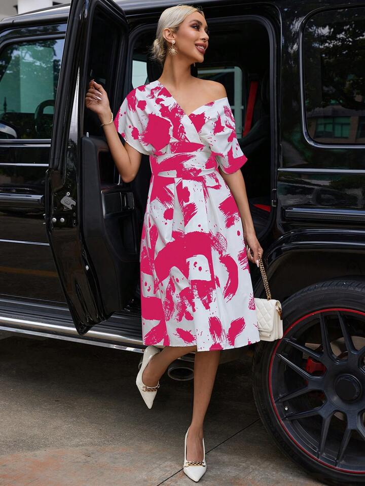 CM-DS886308 Women Trendy Bohemian Style Brush Print Asymmetrical Neck Dress - Hot Pink