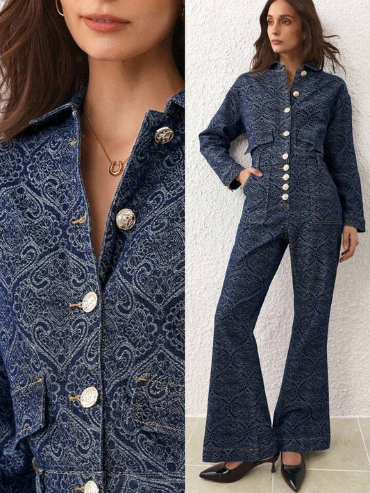 CM-JS528662 Women Elegant Seoul Style Dark Wash Collar Neckline All-Over Print Front Button Long Sleeve Denim Jumpsuit