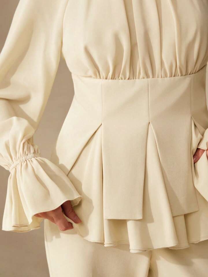 CM-SS834729 Women Elegant Seoul Style Round Neck Long Sleeve Chiffon Patchwork Blouse With Flared Leg Pants - Set