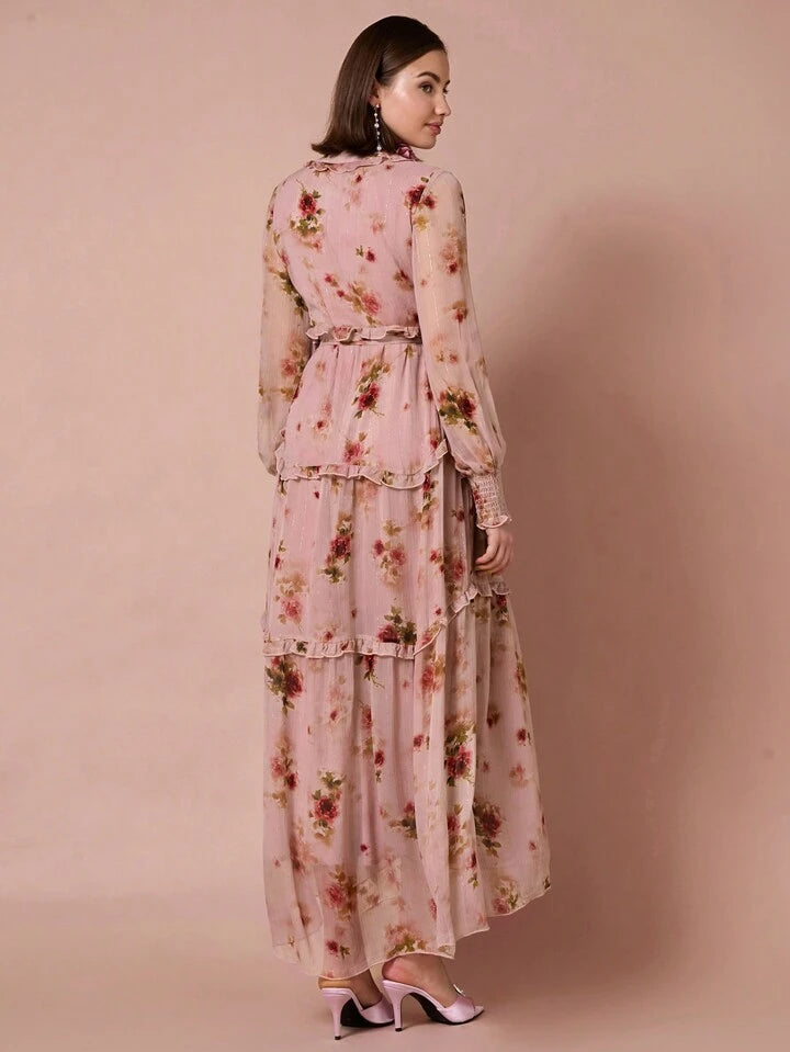 CM-DS263812 Women Elegant Seoul Style Floral Print Front Tie Ruffle Decoration Lantern Long Sleeve Dress