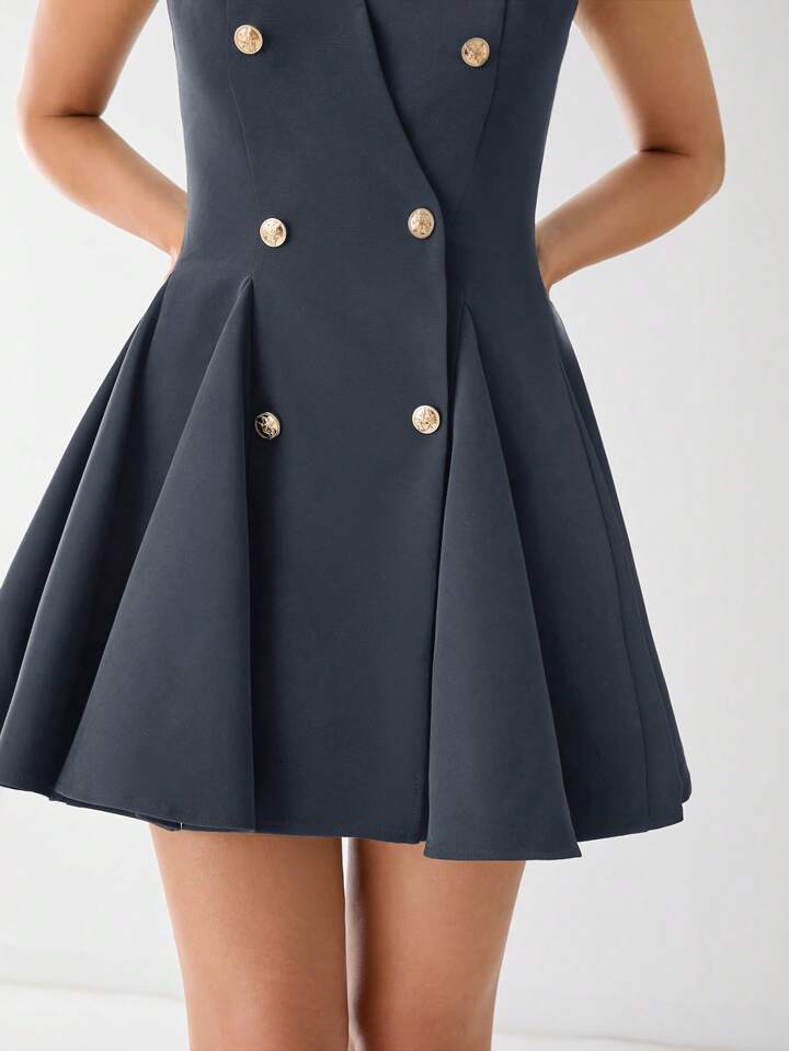 CM-DS811773 Women Elegant Seoul Style V-Neck Front Button Sleeveless A-Line Mini Dress - Dark Gray