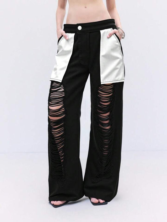 CM-BS265615 Women Casual Seoul Style Colorblock Low Waist Ripped Straight Leg Jeans - Black