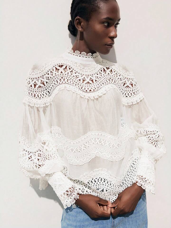CM-TS762455 Women Trendy Bohemian Style Solid Color Stand Collar Flare Sleeve Lace Patchwork Blouse Top - White