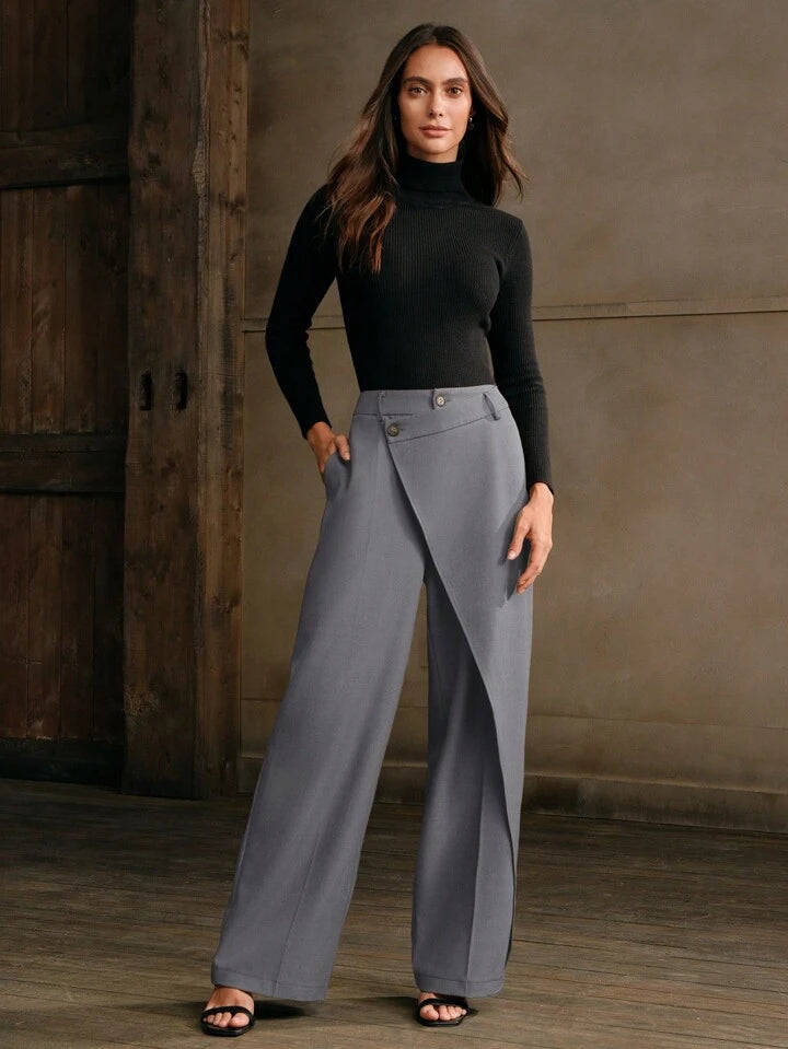 CM-BS305030 Women Elegant Seoul Style Asymmetrical Draping Cross-Wrap Pockets Straight-Leg Pants - Light Gray