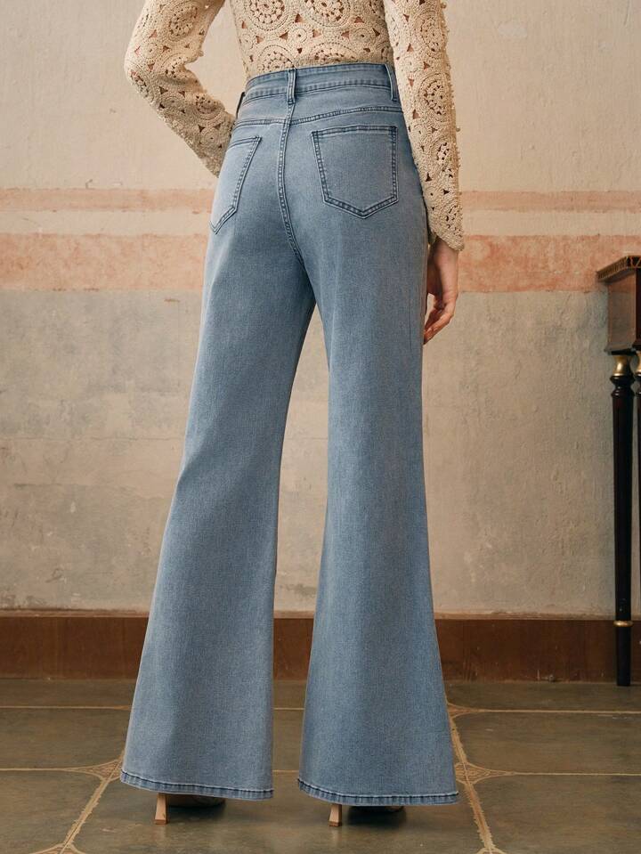 CM-BS068890 Women Casual Seoul Style Bell Bottom High Waist Flare Leg Jeans - Blue