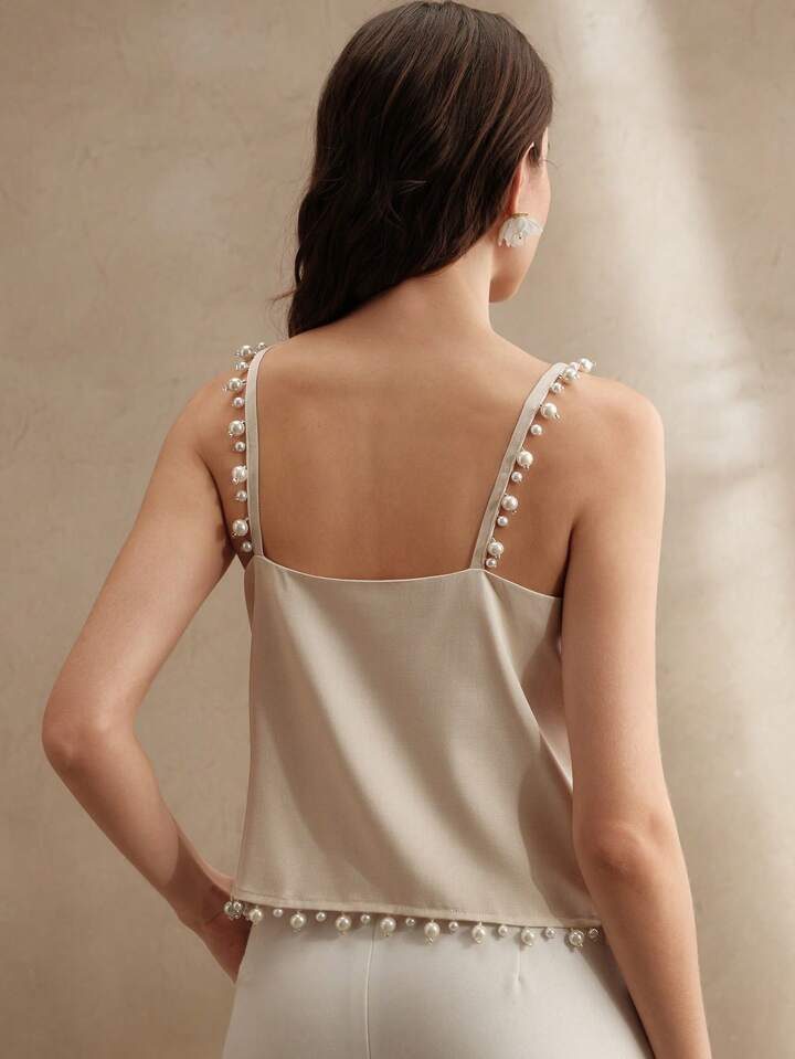 CM-TS466831 Women Elegant Seoul Style Spaghetti Strap Pearl Decor Camisole - Camel