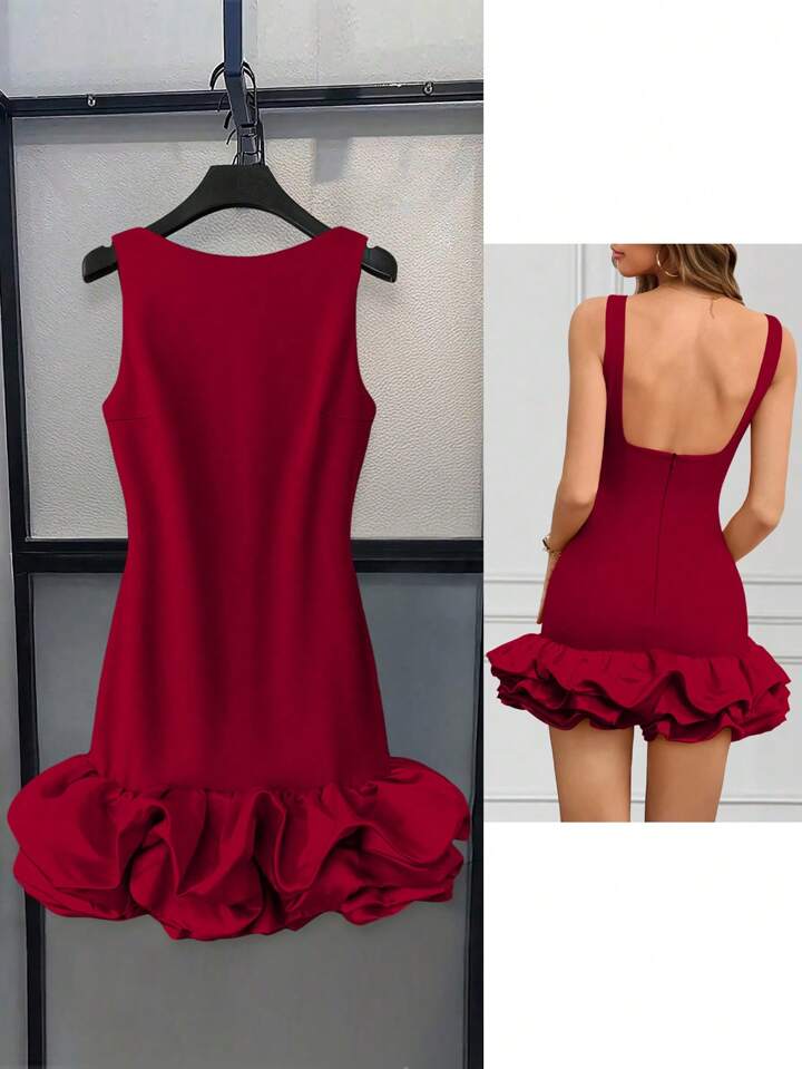 CM-DS314869 Women Elegant Seoul Style Round Neck Sleeveless Ruffle Hem Short A-Line Dress - Burgundy