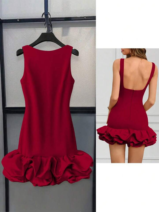 CM-DS314869 Women Elegant Seoul Style Round Neck Sleeveless Ruffle Hem Short A-Line Dress - Burgundy