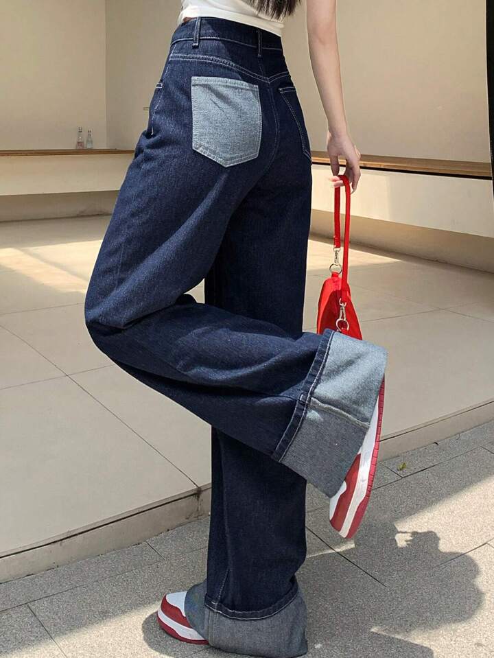 CM-BS770267 Women Casual Seoul Style Dark Wash Mid Waist Distressed Wide Leg Denim Jeans