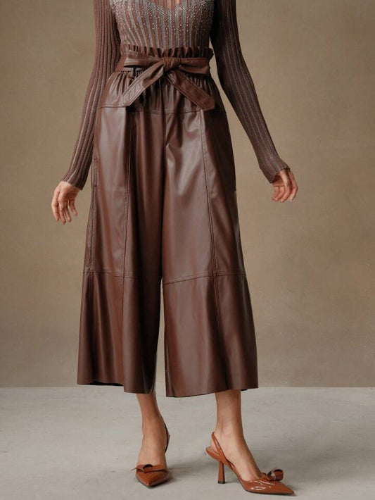 CM-BS730999 Women Elegant Seoul Style High Waist Faux Leather Wide Leg Pants - Chocolate Brown