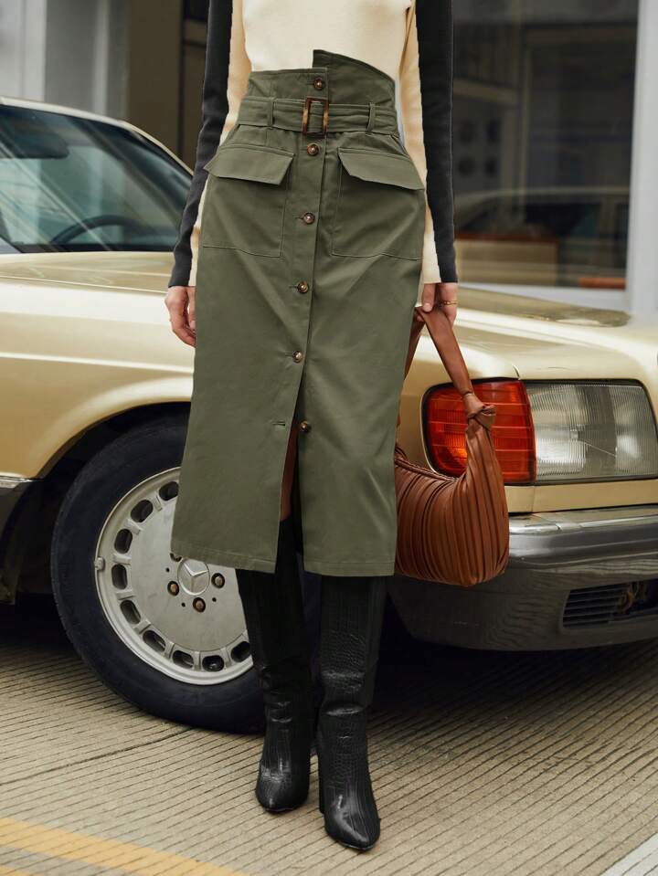 CM-BS042185 Women Casual Seoul Style Flap Pocket Button Front Belted Skirt - Army Green