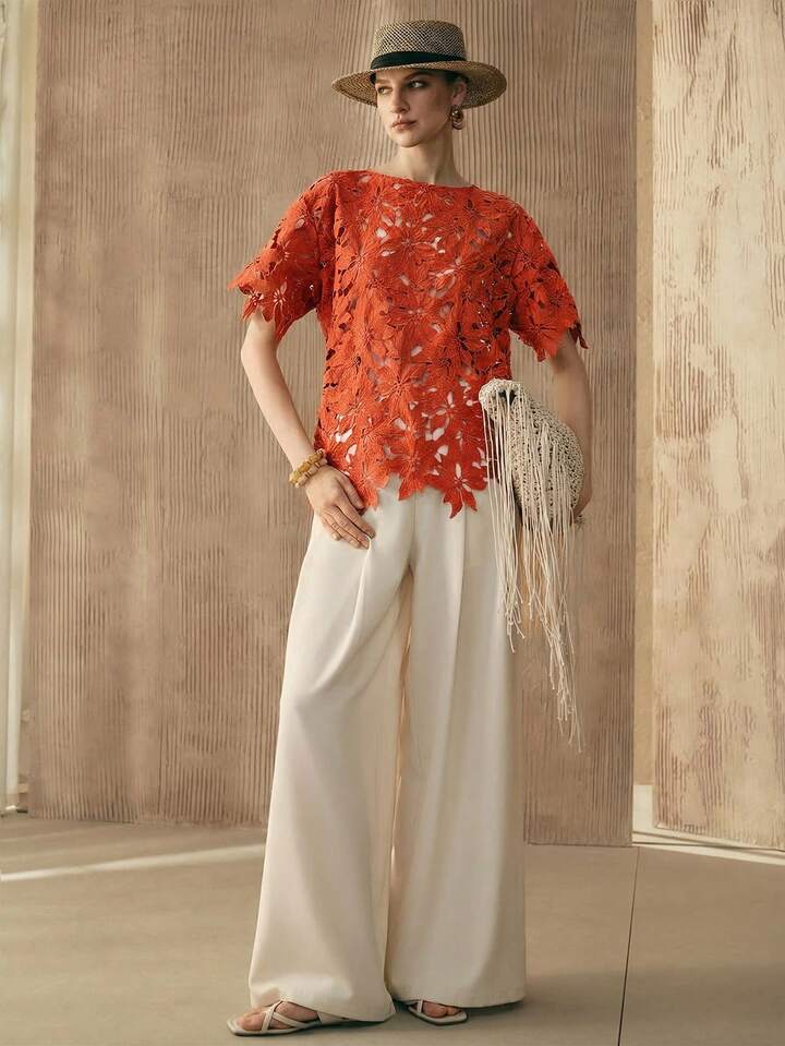 CM-TS529067 Women Trendy Bohemian Style Embroidered Round Neck Short Sleeve Top - Orange