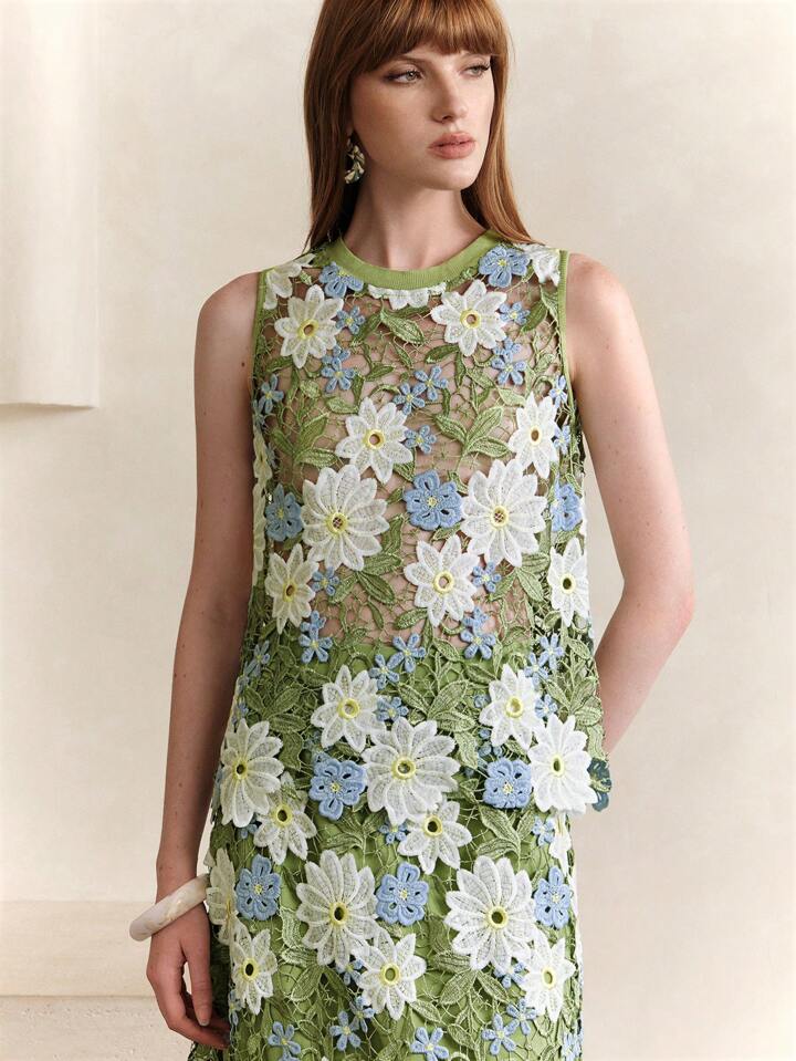 CM-TS010676 Women Casual Seoul Style Lace Embroidery Gradient Floral Asymmetrical Sleeveless Camisole Top