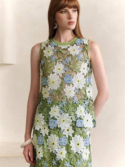CM-TS010676 Women Casual Seoul Style Lace Embroidery Gradient Floral Asymmetrical Sleeveless Camisole Top