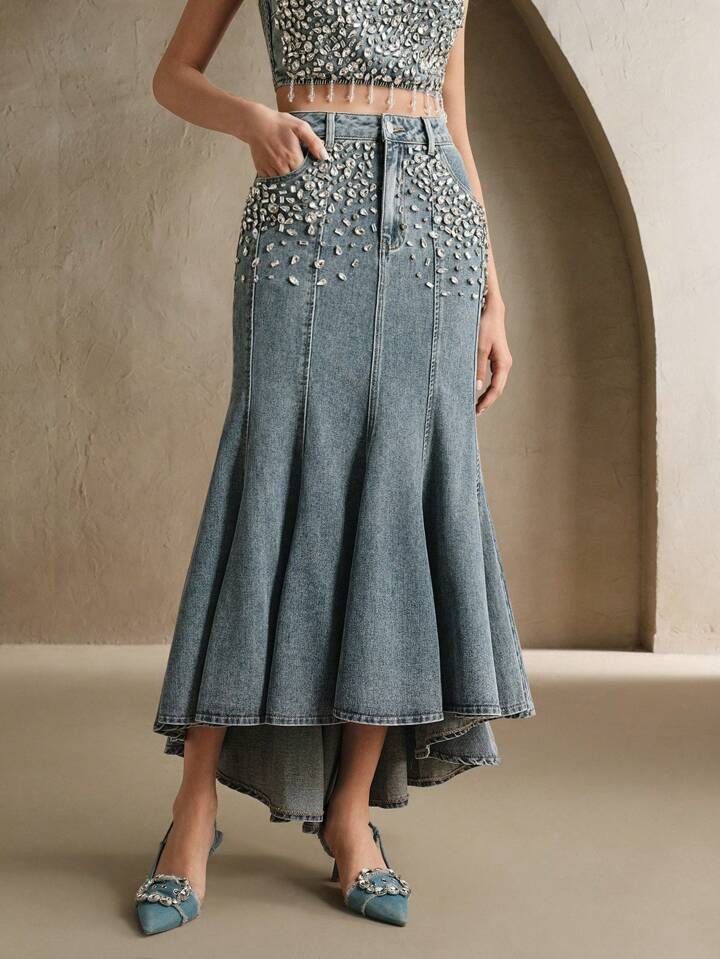 CM-BS801184 Women Elegant Seoul Style Light Wash Rhinestone Embellished Mermaid Denim Skirt